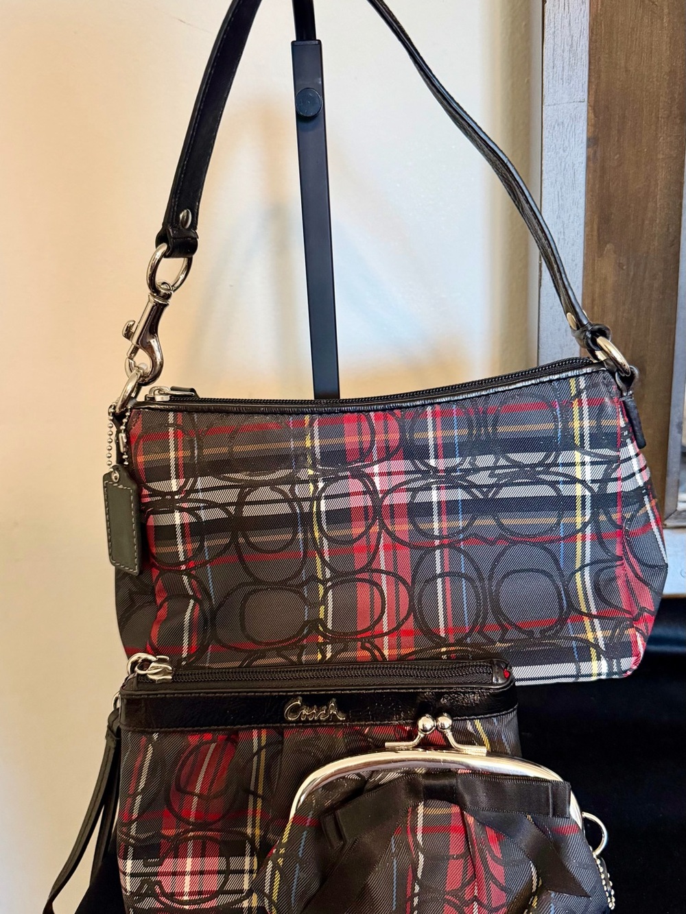 Coach Black Plaid Signature Canvas Shoulder Bag with Red Accents